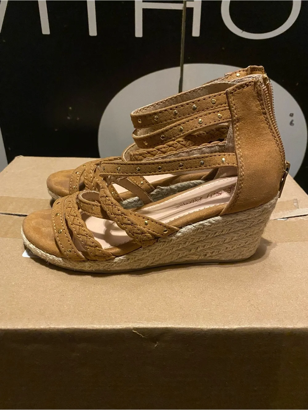 Girls' Tan Braided Espadrille Wedge Sandals with Studded Straps